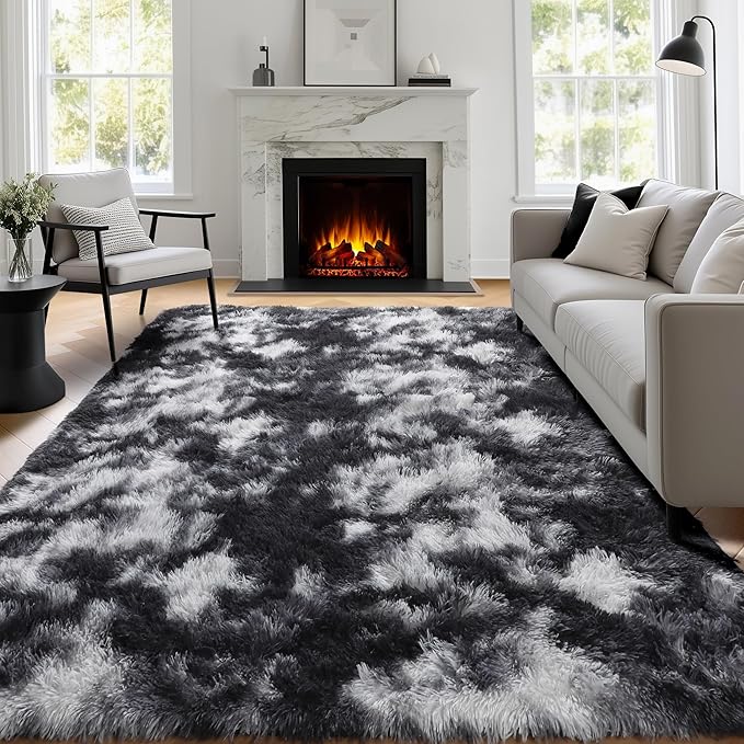 PAGISOFE Black White Grey Rugs for Living Room 5x8, Shag Fuzzy Fluffy - Image 4