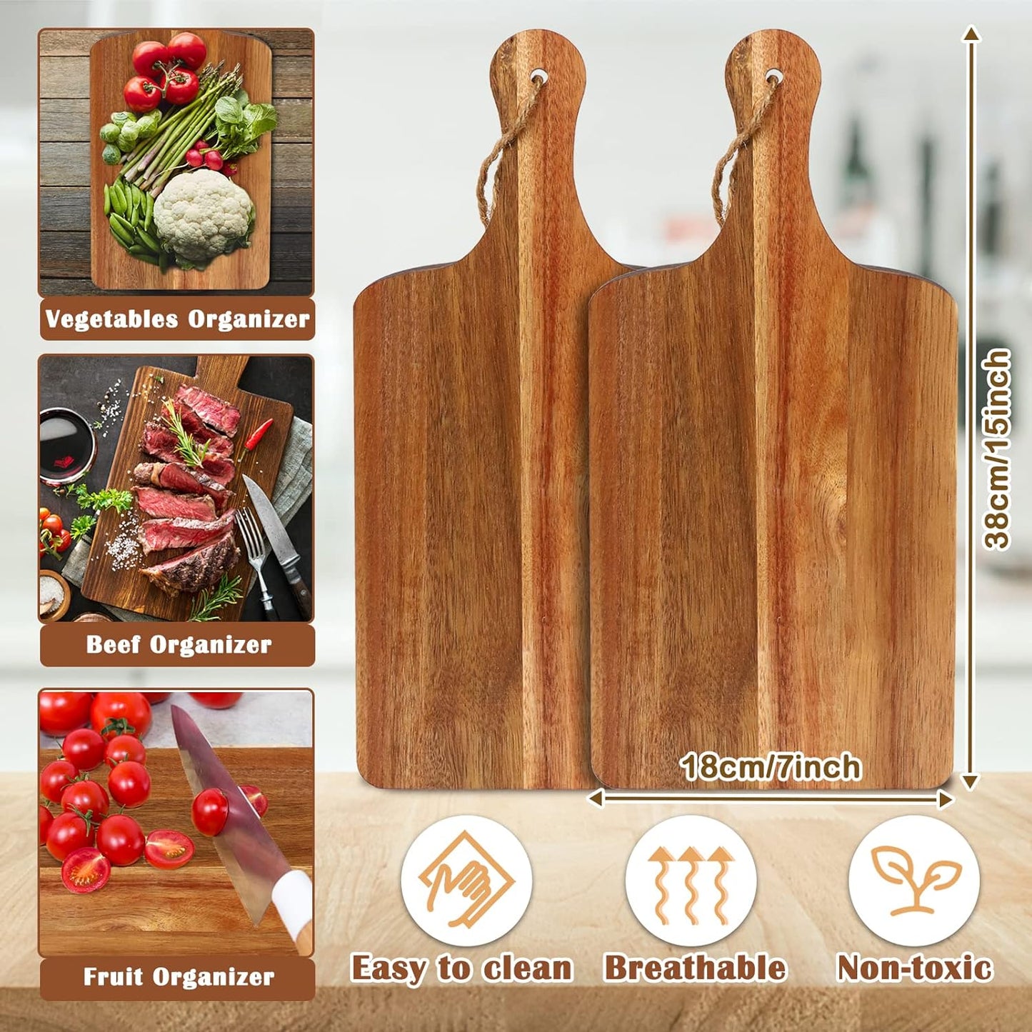 10 Packs Acacia Wood Cutting Board, 15 x 7 Inch Plain Chopping Board with Handles Large Serving Board Wooden Kitchen Cutting Board Bulk with Ropes for Vegetables Meat Pizza Cheese Fruit Bread