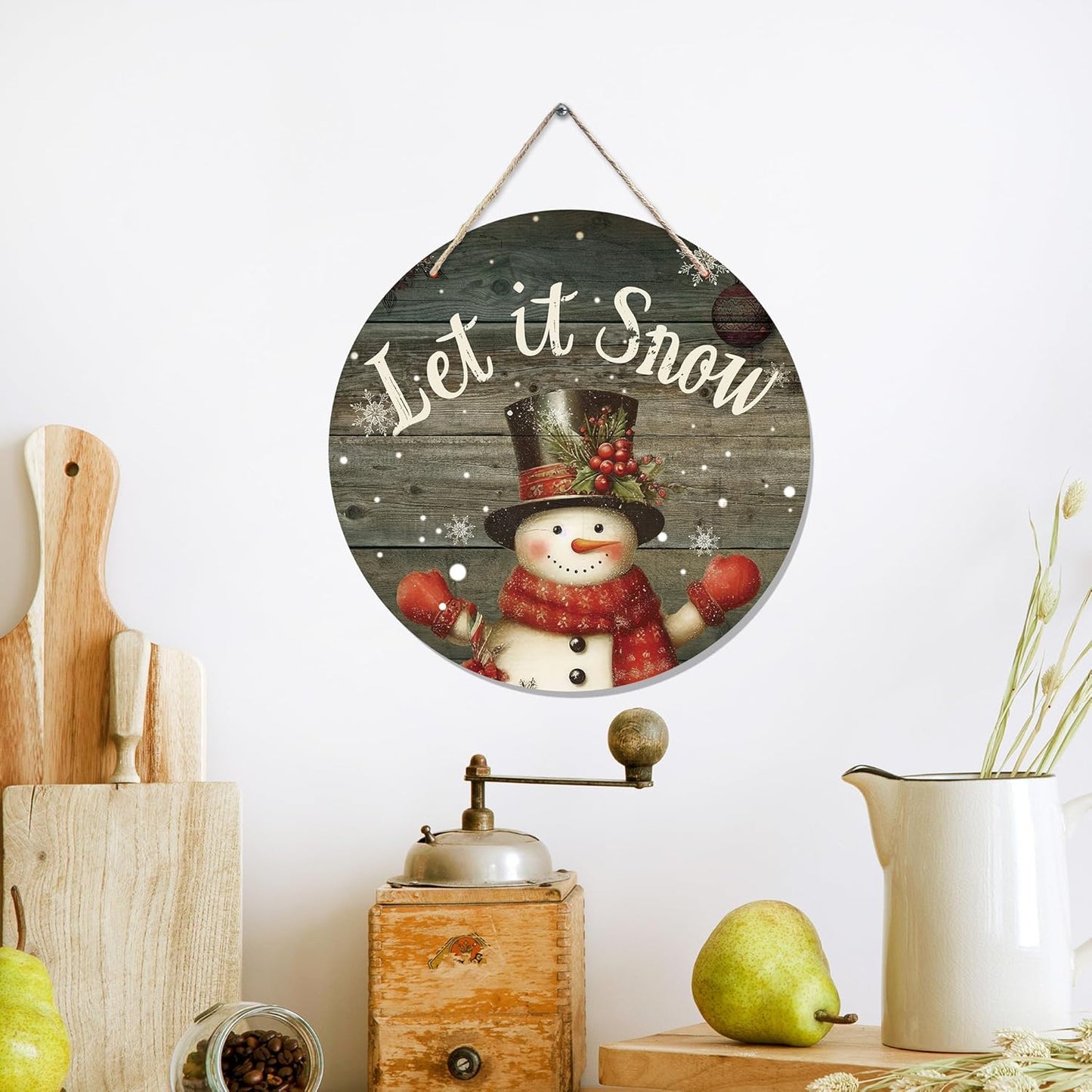 CGBHW Winter Wooden Sign, Vintage Snowy Snowman Hanging Sign Wall Decor for Room Home, Rustic Winter Snowflakes Christmas Holiday Let it Snow Door Decor 12 x 6 Inch