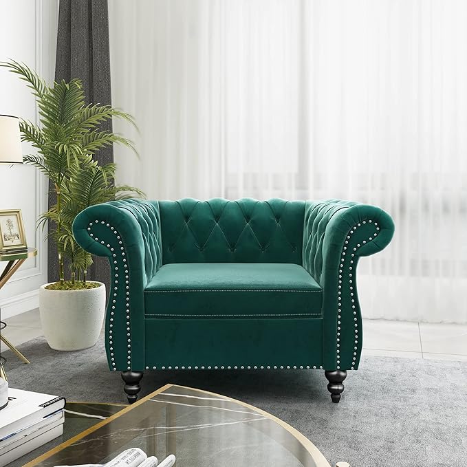3 Piece Living Room Set, Velvet Chesterfield Sofa Loveseat Couch Chair - Image 6