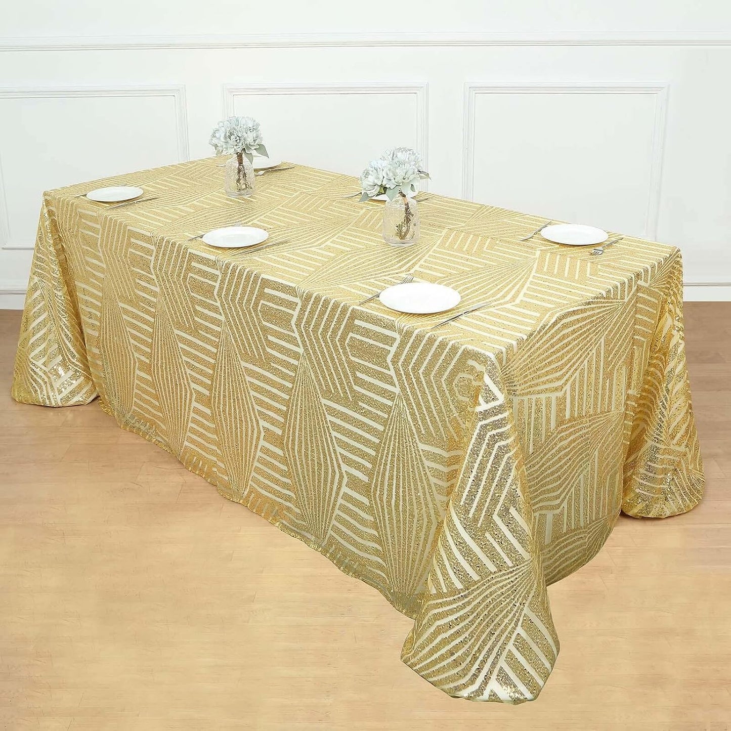 Efavormart 90"X132" Gold Sparkly Sequin Geometric Tulle Rectangular Tablecloth