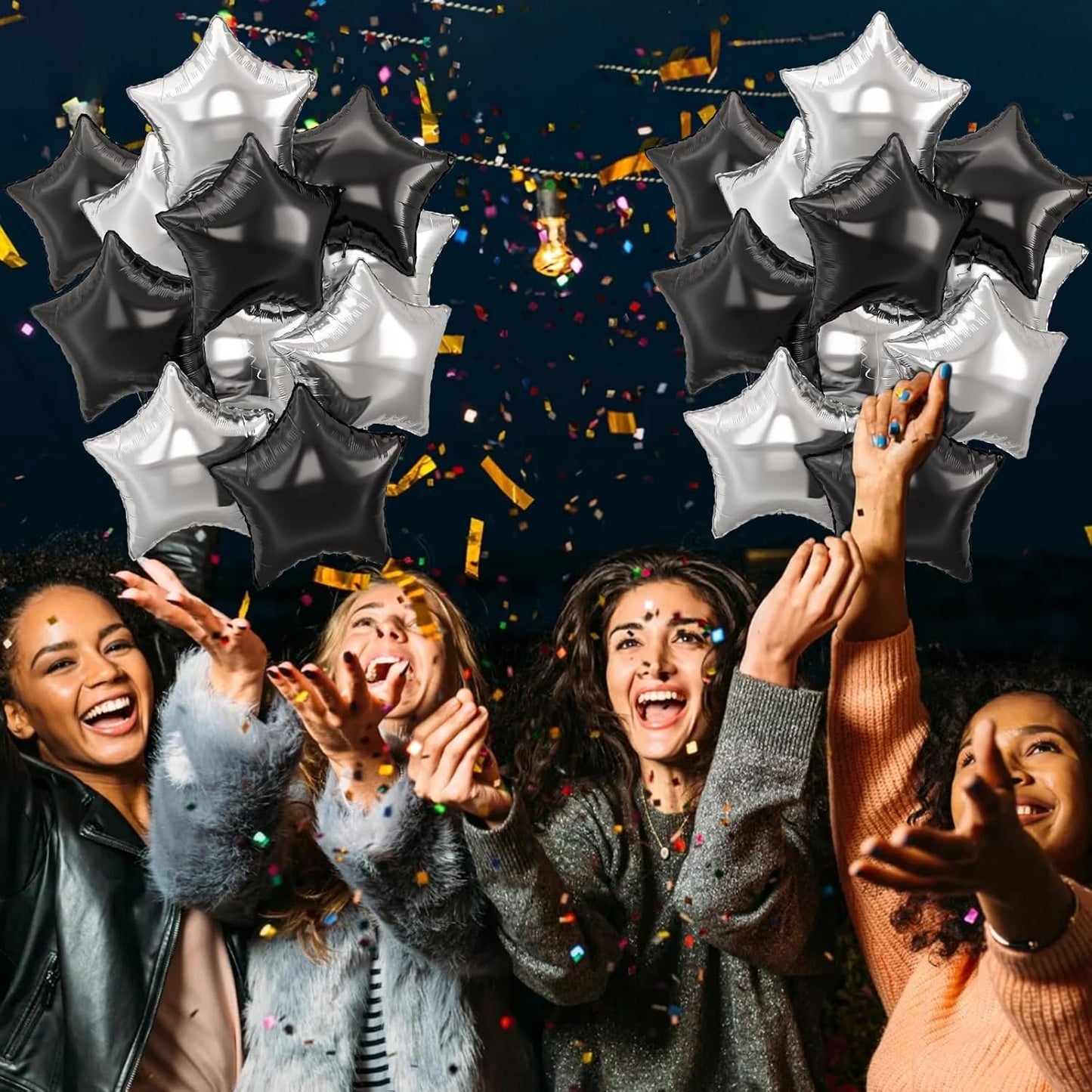 Black Silver Star Foil Balloons, 18 Inch Large Black and Metallic Silver Stars Shape Aluminum Foil Helium Balloon 10 Pcs Pentagram Balloons Party Decor for Birthday Graduation Retirement New Year