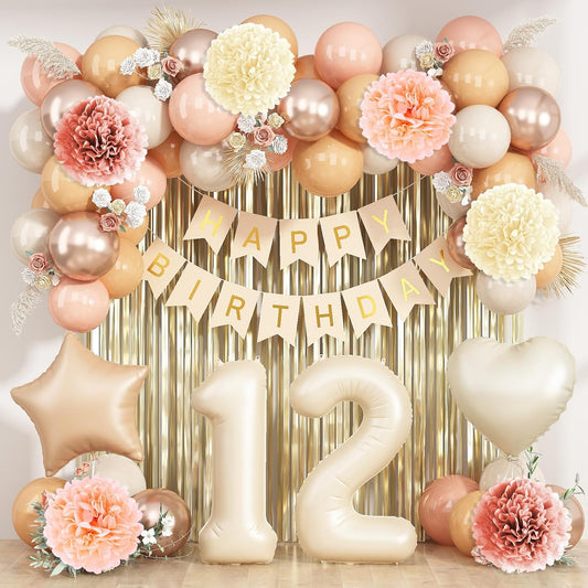 Beige 12th Birthday Decorations Girls Boys Cream Number 12 Balloon Nude Gold Happy Birthday Banner Fringe Curtain Paper Pom Poms Blush White Sand Champagne Star Foil Balloons Neutral Boho Party Decor