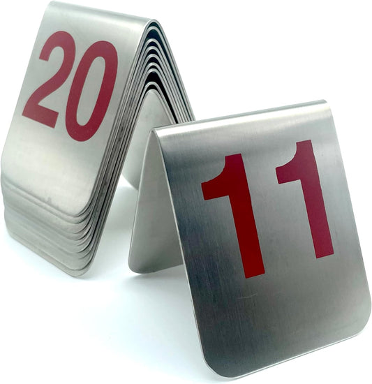 10 Pcs Metal Place Cards Stackable Tent Style Table Numbers，Place Card Holders for Celebration Wedding Party Restaurants Cafes Bars Gatherings meeting Room Board Game Serial (Medium 11-20, Red)