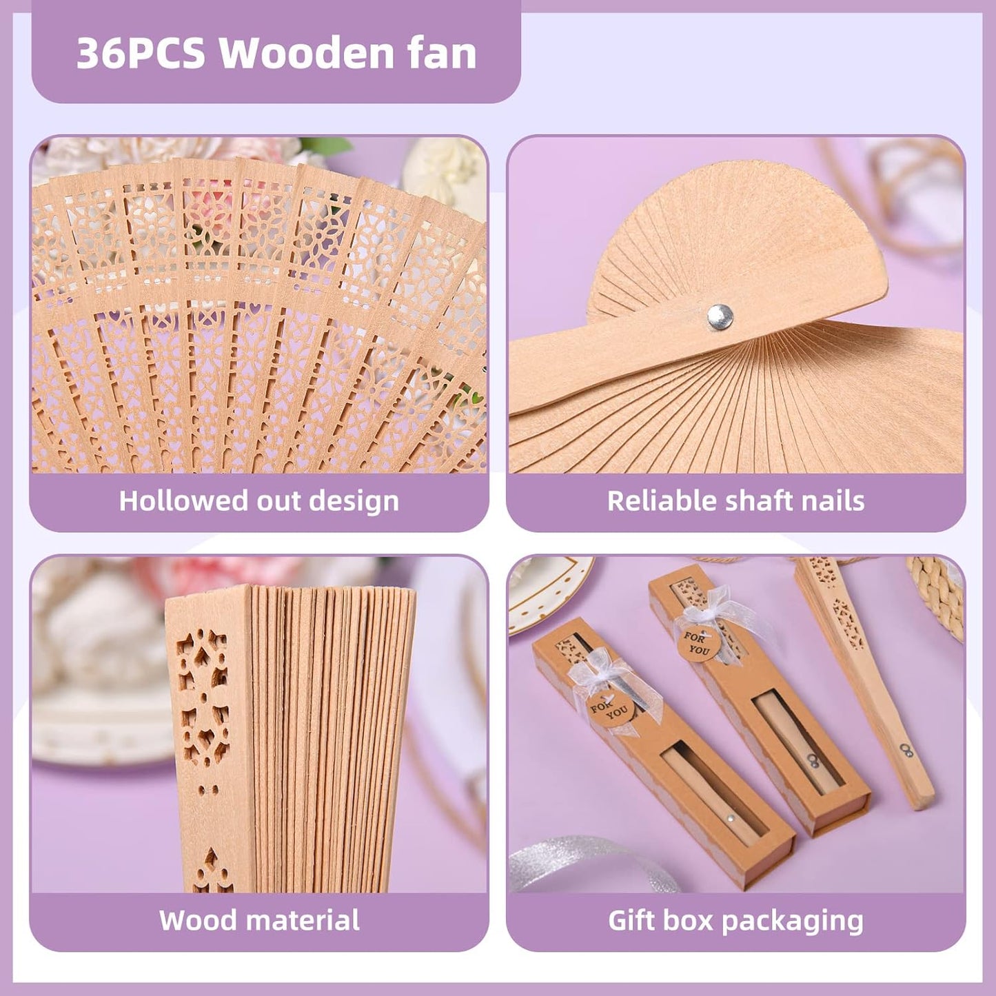 36-Piece Wooden Gift Box Wrapped with Hand-held Folding Fan or Wedding Gift, Bride Gift Party Home Decoration Birthday Gift
