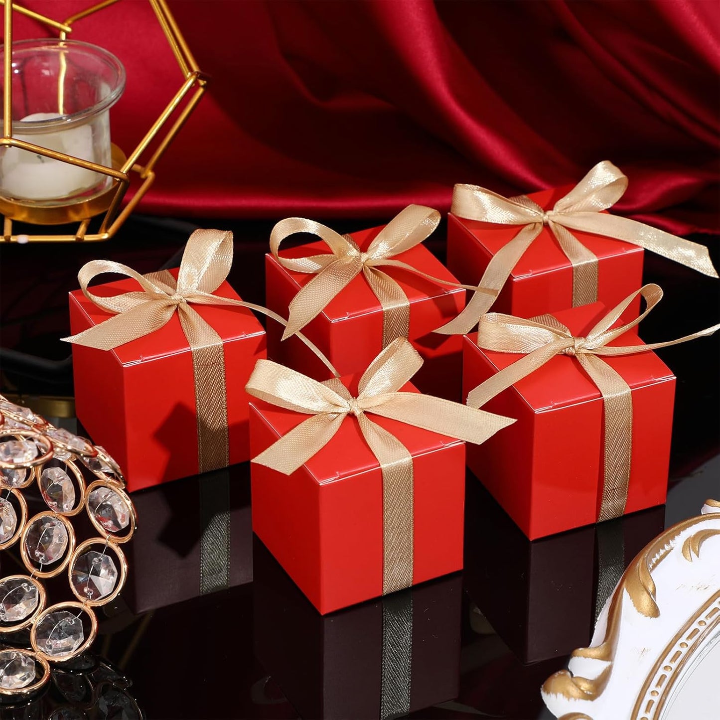 Jutom 100 Pcs Mini Favor Boxes Extra Small Candy Boxes Paper with Gold Ribbon for Christmas Thanksgiving Day Birthday Wedding Anniversary Supplies(2 x 2 x 2 Inch,Red)