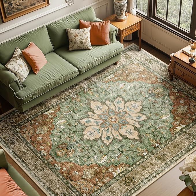 RELEANY Area Rugs 8'x10' Washable Non-Slip, Floral Vintage Distress Print by RELEANY