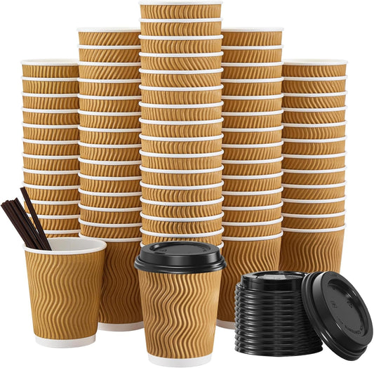 SIUQ 90 Pack - 8 oz Disposable Coffee Cups with Lids and Straws,To go Coffee Cups,Insulated Corrugated Paper Cups,Kraft Ripple Wall Cups for Hot Beverage or Cold Drinks -Champagne