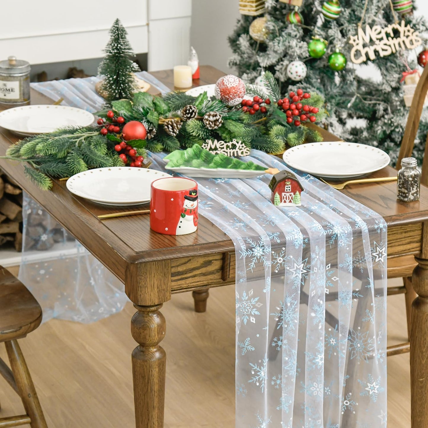 Artoid Mode Blue Snowflakes Merry Christmas Gauze Table Runner 120 Inch 10FT, Winter Seasonal Sheer Dining Holiday Wedding Table Decor for Home Party