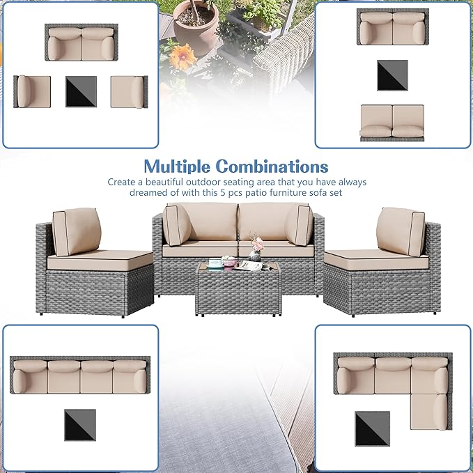 Patio Furniture Sets, 5 Piece Outdoor Sectional Sofas, Wicker Rattan Outdoor - Image 4