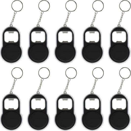 Bottle Opener & LED Keychains Set of 10, Bulk Pack - Perfect for Tradeshows, Party Favors, Other Events - Black