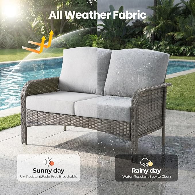 Weaxty Wicker Patio Furniture Set High Back Loveseat Sofa Couch Armchair Coffee - Image 7