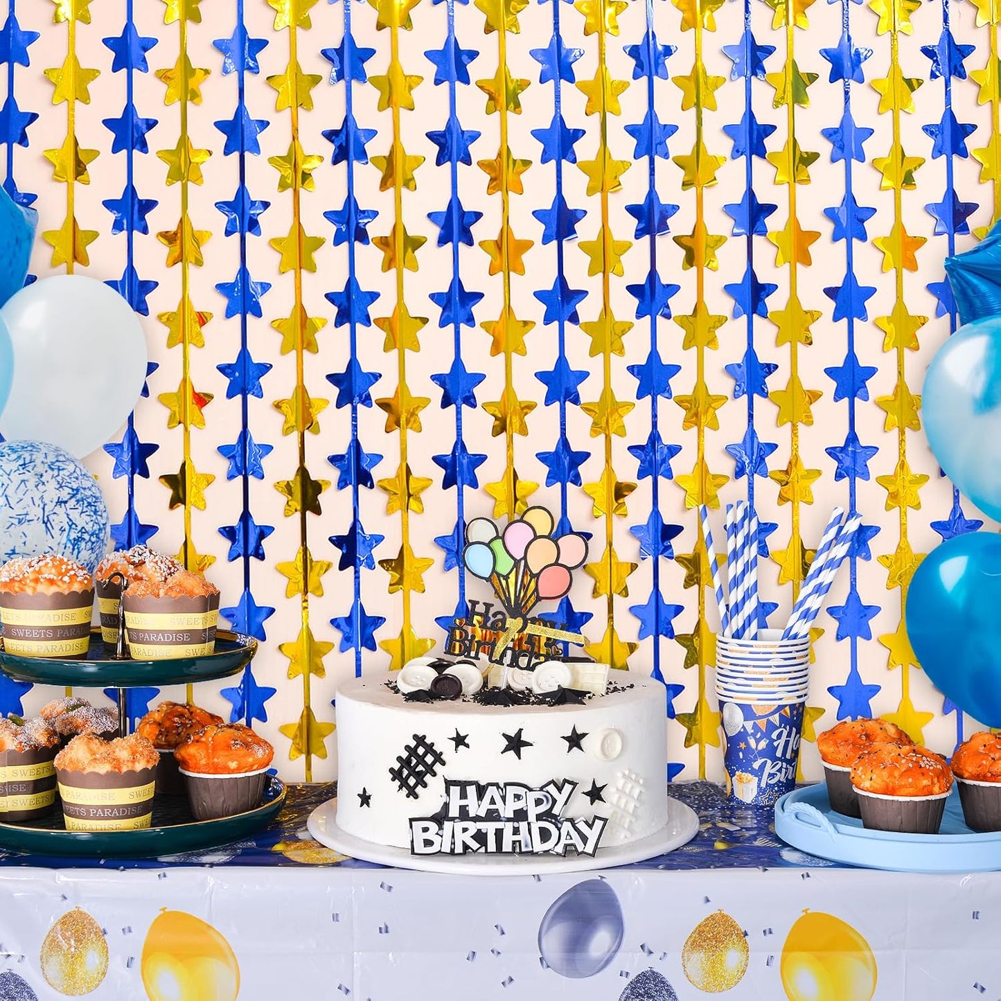 LOLStar 2 Pack Graduation Decoration 2025 3.3 x 6.6 ft Blue Gold Star Each Foil Fringe Tinsel Curtains Backdrop, Navy Blue and Gold Star Streamers for Birthdays, Retirement, Bridal Showers, Banquet