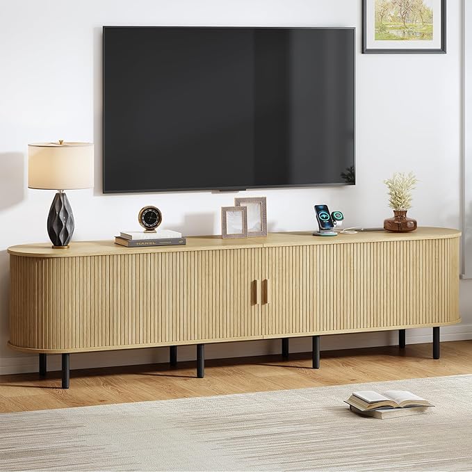 86.6" TV Stand with Power Outlet, Mid-Century Modern Television Stand, Fluted by ComfyCorner