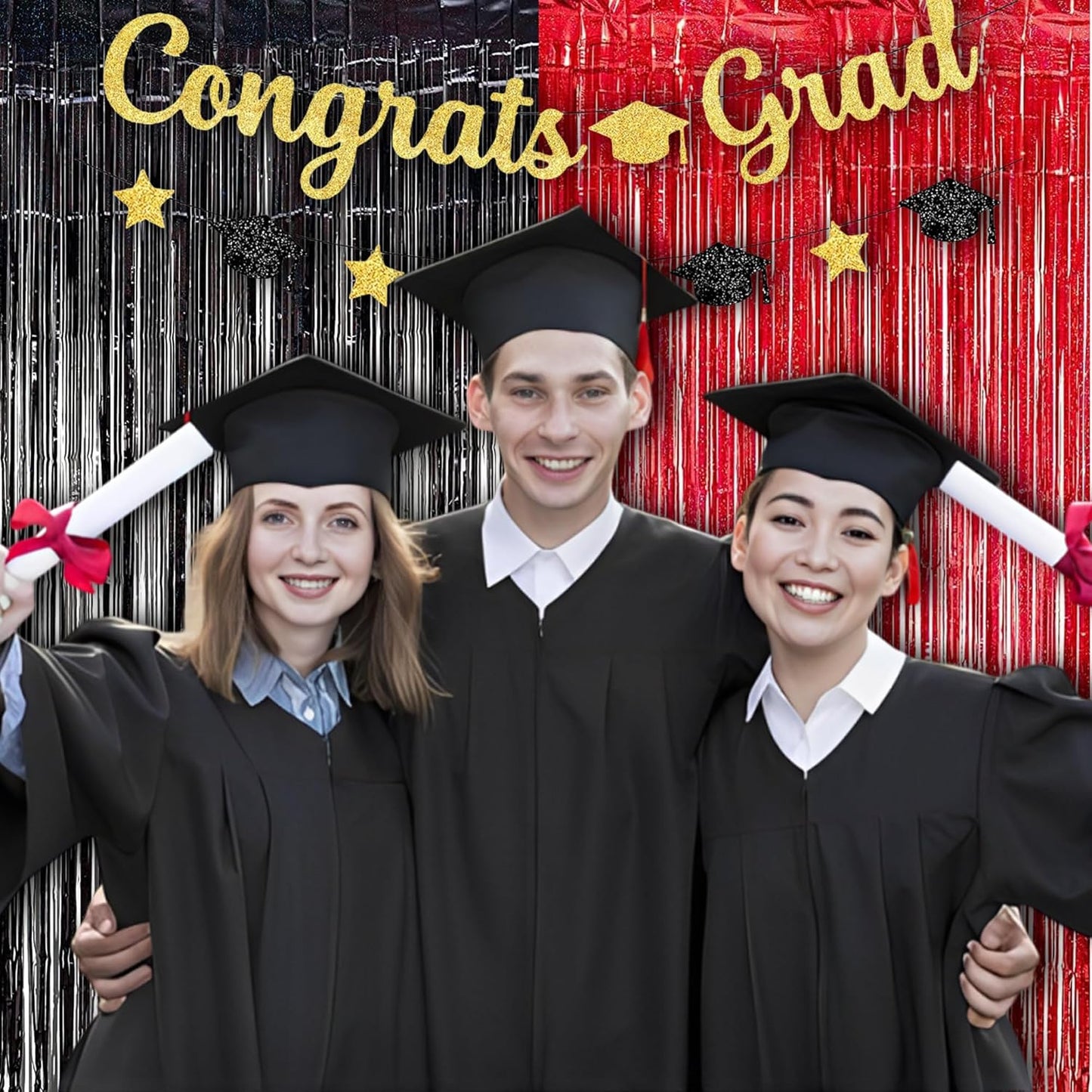 Foil Fringe Curtain Party Decorations - Black Red Metallic Tinsel Backdrop Party Steamers Curtains for Birthdays Halloweens Christmas Theme Prom Holidays Parties Decorations