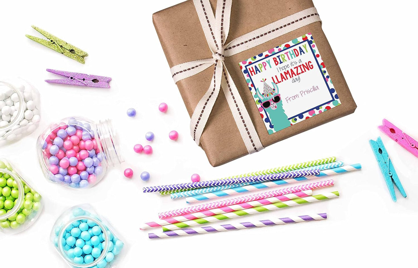 Custom & Personalized Llamazing Llama Happy Birthday Gift Tag Sticker Labels, 24 2.5" Square Stickers by Amanda Creation