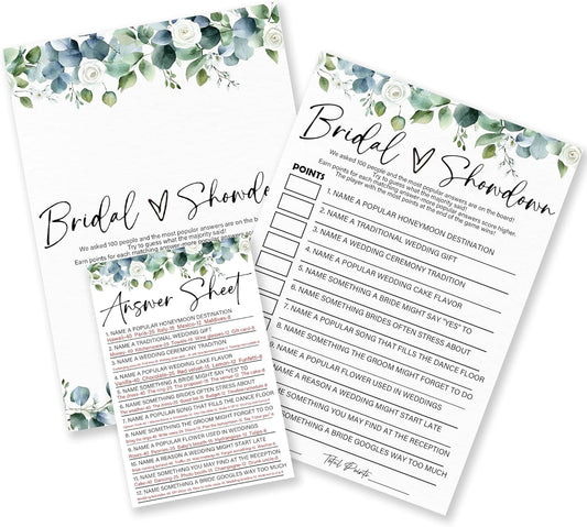 Bridal Showdown - Botanical Bridal Shower Game Cards - 50 Pcs Eucalyptus Leaves Game Cards - Funny Wedding Party Games for Bride & Groom - Activities for Bachelorette Party - A05