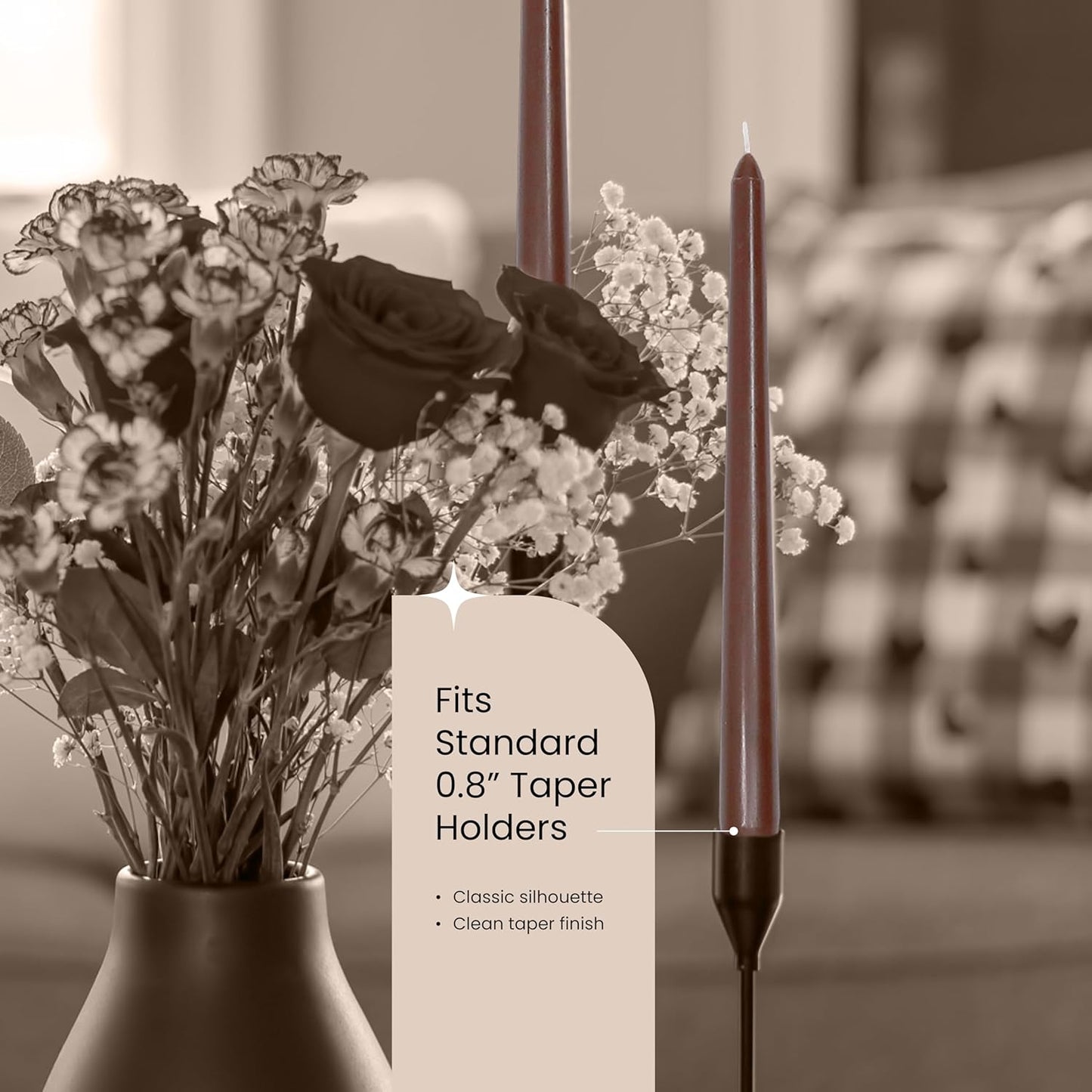 Leor & Lair Brown Taper Candles - 4 Pack 10" Brown Candlesticks - Unscented Long Burning Candle Sticks for Farmhouse Decor, Dinner Table, Holidays, Weddings, Restaurants & Events