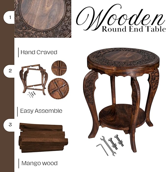 Farmhouse Round Accent End Table, Rustic Side Table Nightstands - Image 4