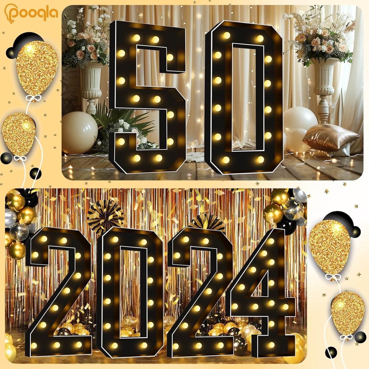 Pooqla 4 FT Light Up Marquee Numbers, Black Marquee Number Lights 4 Feet Tall for 6th 16th 60th Birthday, Giant Letter Big Mosaic Numbers for Balloons Party Anniversary Wedding Decorations, Number 6