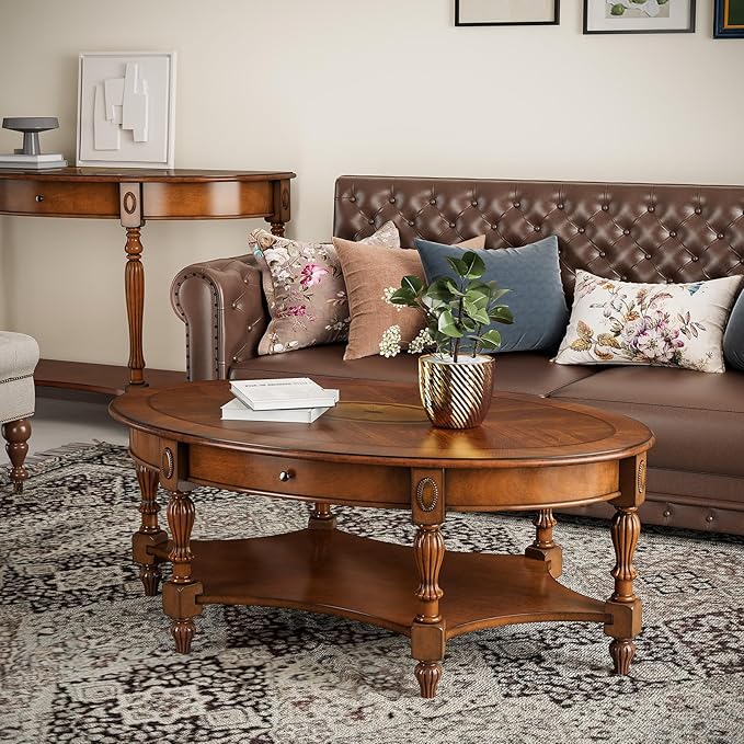 Traditional Solid Wood Oval Coffee Table, 45” x 18” Center Table - Image 8
