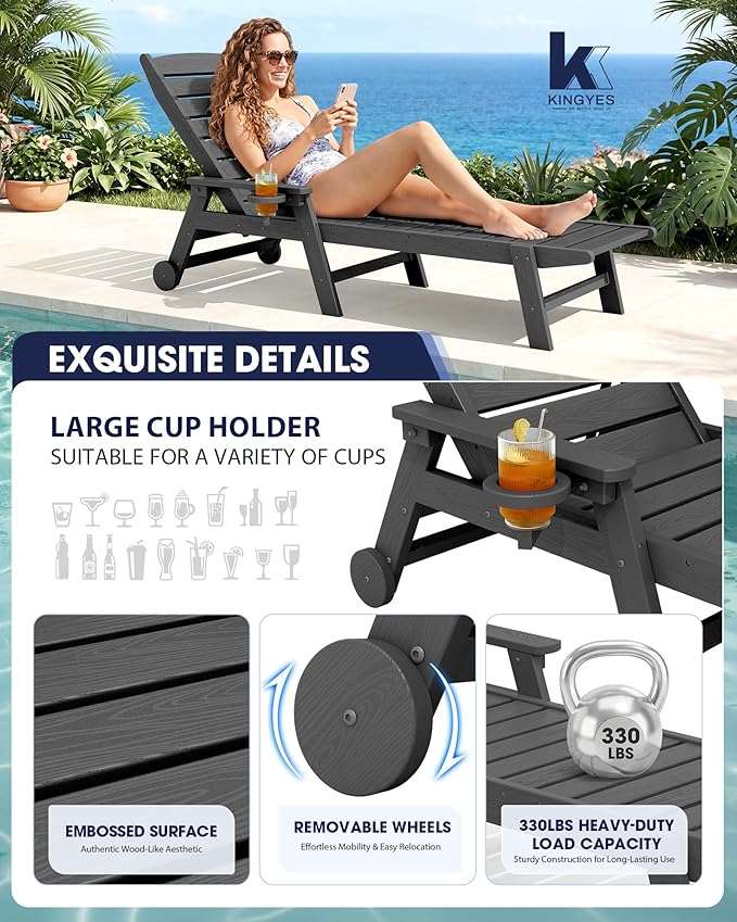 KINGYES HDPE Lounge Chair Outdoor Set of 2, Patio Chaise Lounge Recliner - Image 8