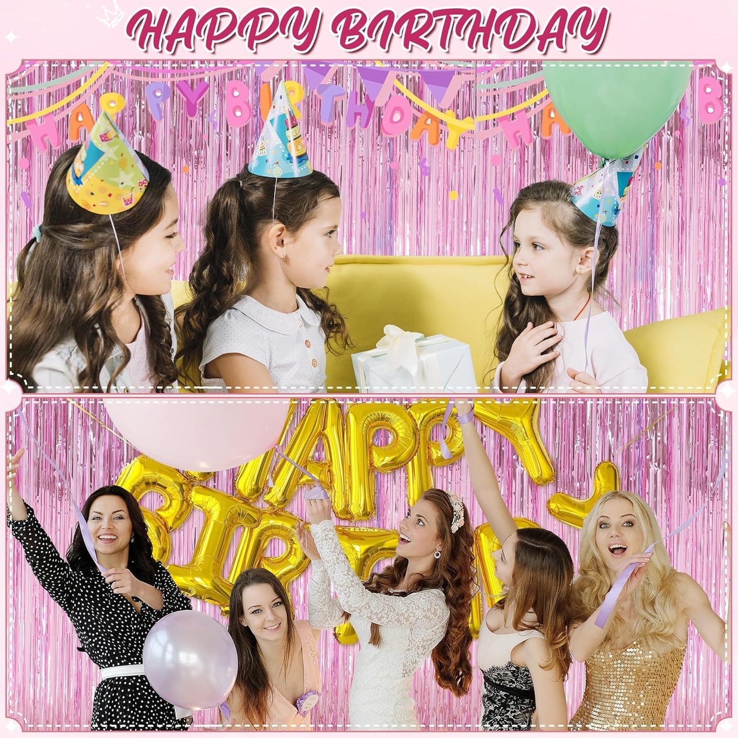 Crosize 7 Pack 3.3 x 9.9 ft Pink Foil Fringe Glitter Curtains Party Decorations, Tinsel Backdrop for Parties, Door Streamers for Birthday, Photo Booth Backdrops, Party Decor