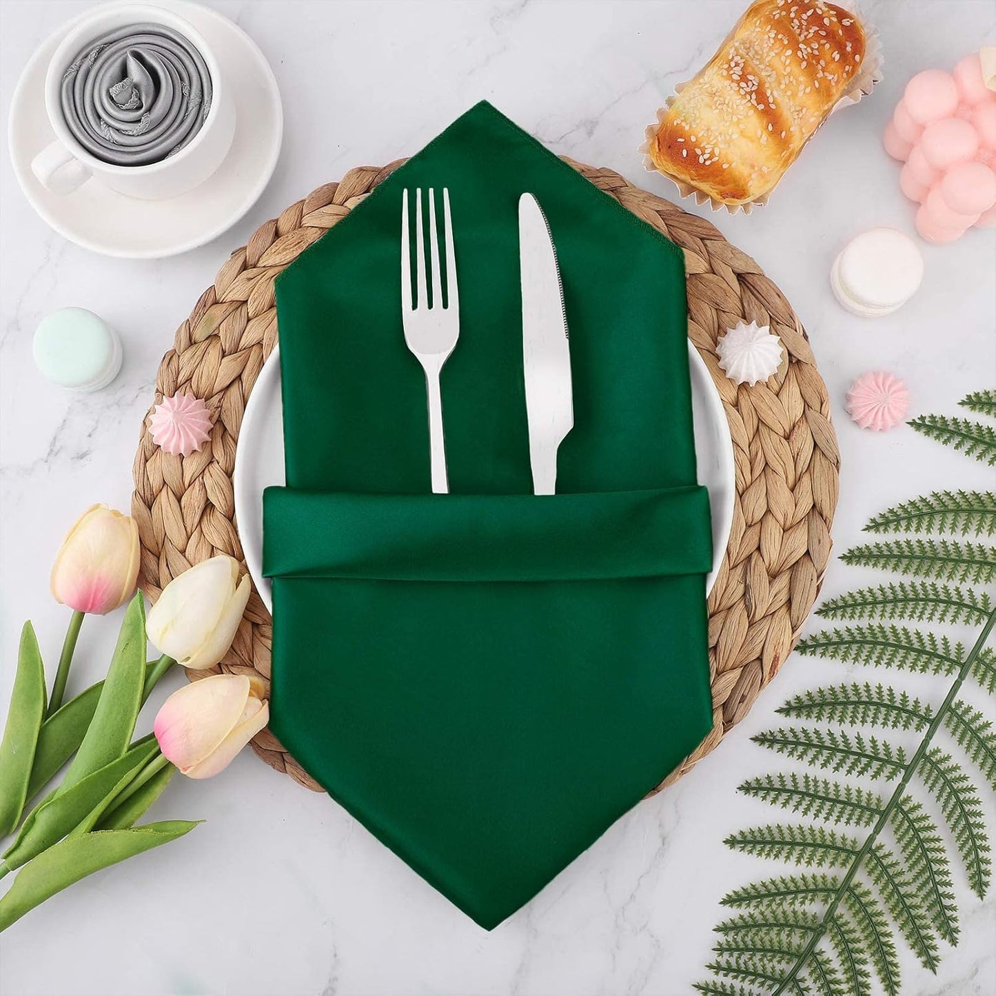 Aneco 12 Pieces Satin Napkin Square 20 x 20 Inches Dinner Napkins Weddings Party Napkin Soft Table Napkins for Romantic Weddings Party Dinner Decoration (Forest Green)