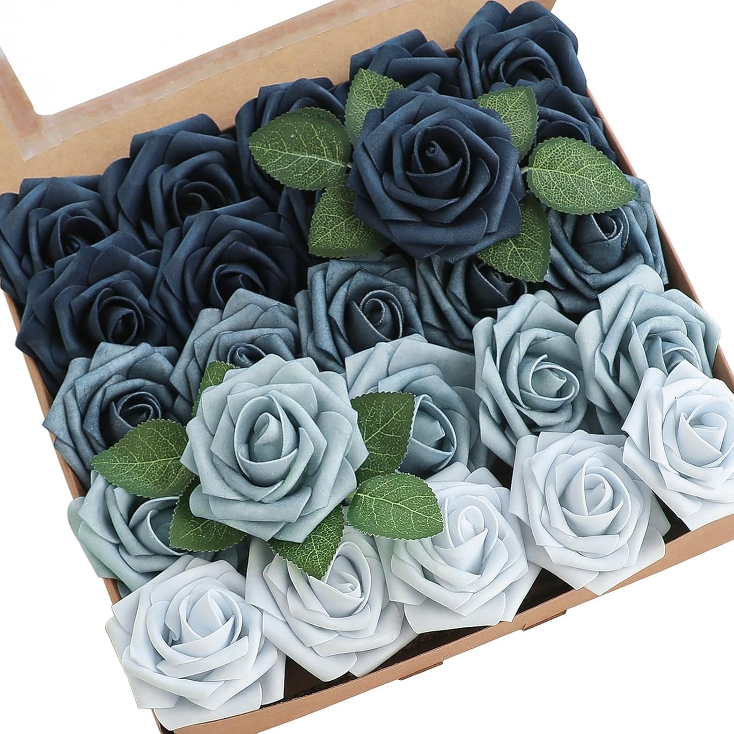 Floroom Artificial Flowers 25pcs Real Looking Blue Ombre Colors Foam Fake Roses with Stems for DIY Wedding Bouquets Bridal Shower Centerpieces Floral Arrangements Party Tables Home Decorations