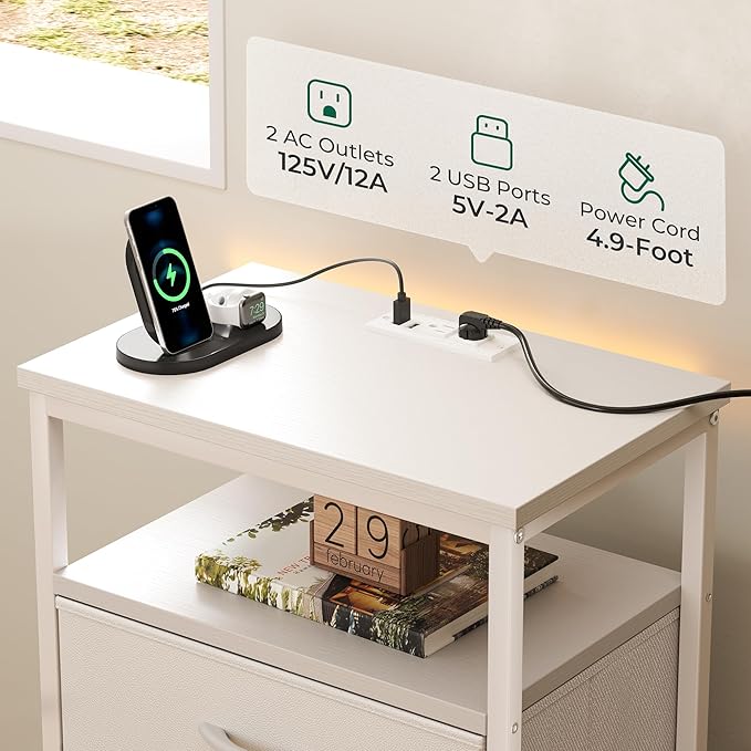 Huuger Night Stand with Charging Station, Bedside Table, Tall Nightstand with - Image 4