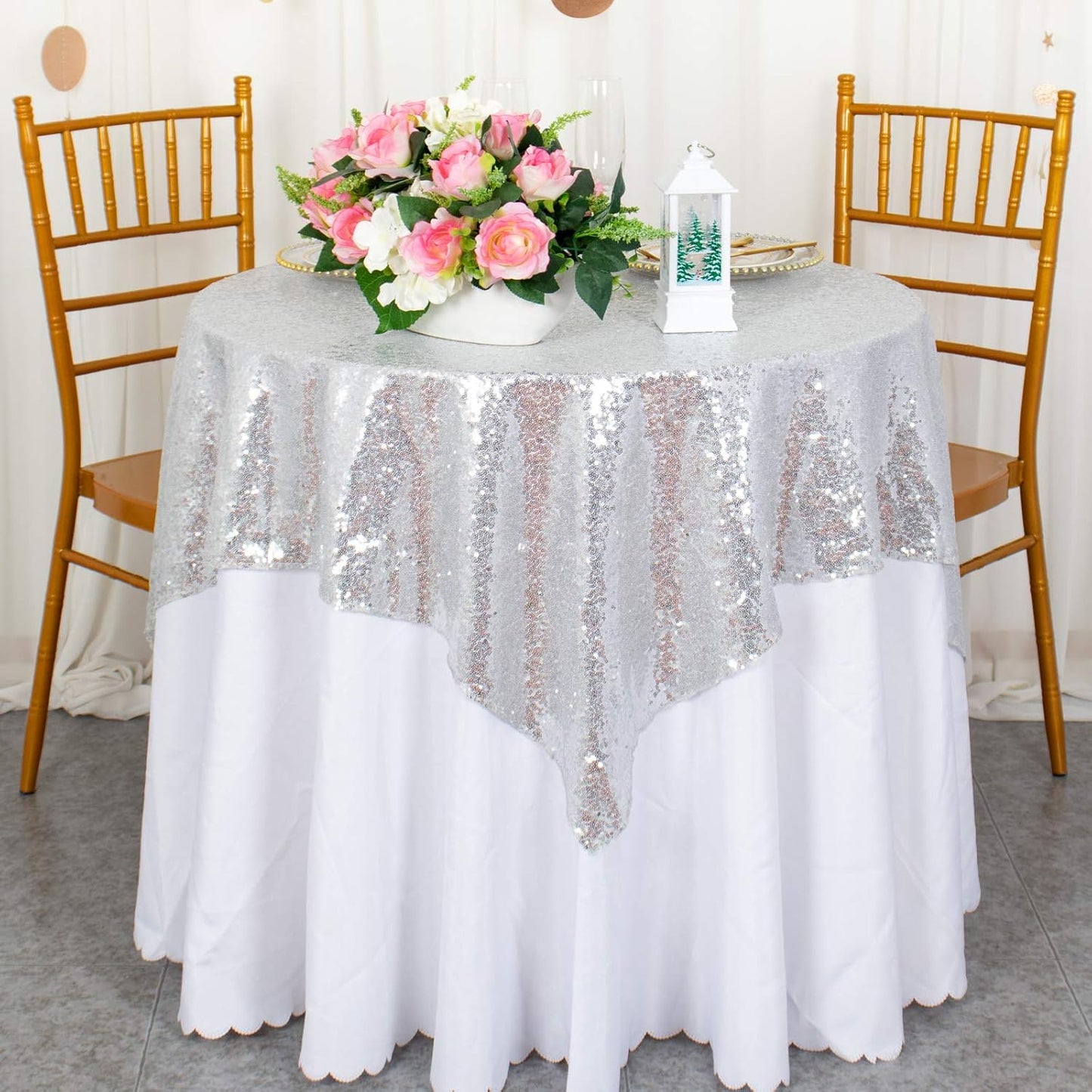 ShinyBeauty Sequin Tablecloth 36x36-Inch-Silver Square Glitter Table Cover Silver Table Cloths for Parties-190626J