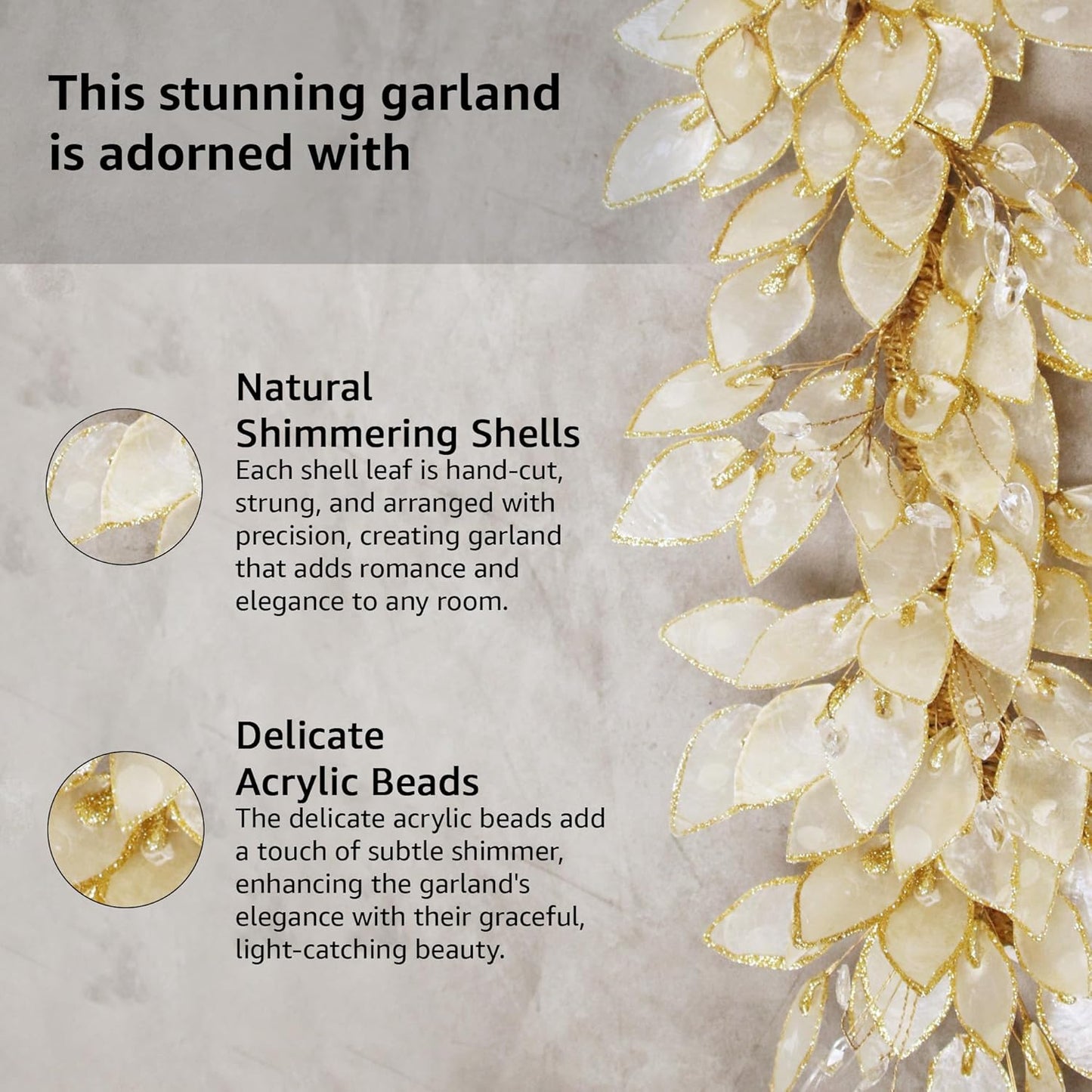 Handcrafted 48" Shell Garland for Enchanting Home Decor with Mesmerizing Capiz Splendor, Coastal, 4ft Capiz Shell Garland for Indoor Use (Rectangular)