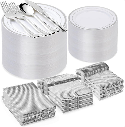 600PCS Silver Plastic Plate Set (100 Guests), Disposable Plates for Party Wedding Birthday, Dinnerware Set of 200 Plastic Plates, 200 Forks, 100 Spoons, 100 Knives for Christmas