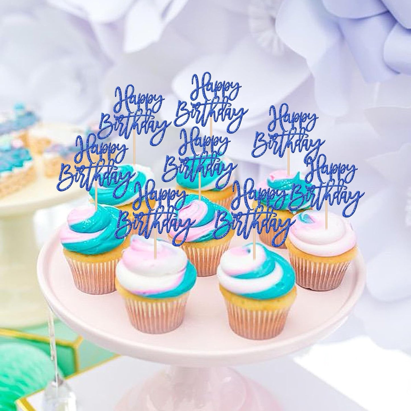 24 PCS Happy Birthday Cupcake Toppers Glitter Picks for Celebrating Anniversary Theme Party Cake Decorations Supplies Dark Blue