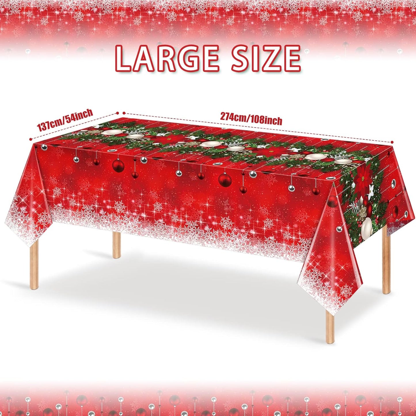 3Pieces Merry Christmas Tablecloth Plastic Christmas Tree Ball Table Cover Rectangle Winter Snowflake Tablecloth for Merry Christmas Holiday New Year Eve Party Decorations Supplies,54x108inch