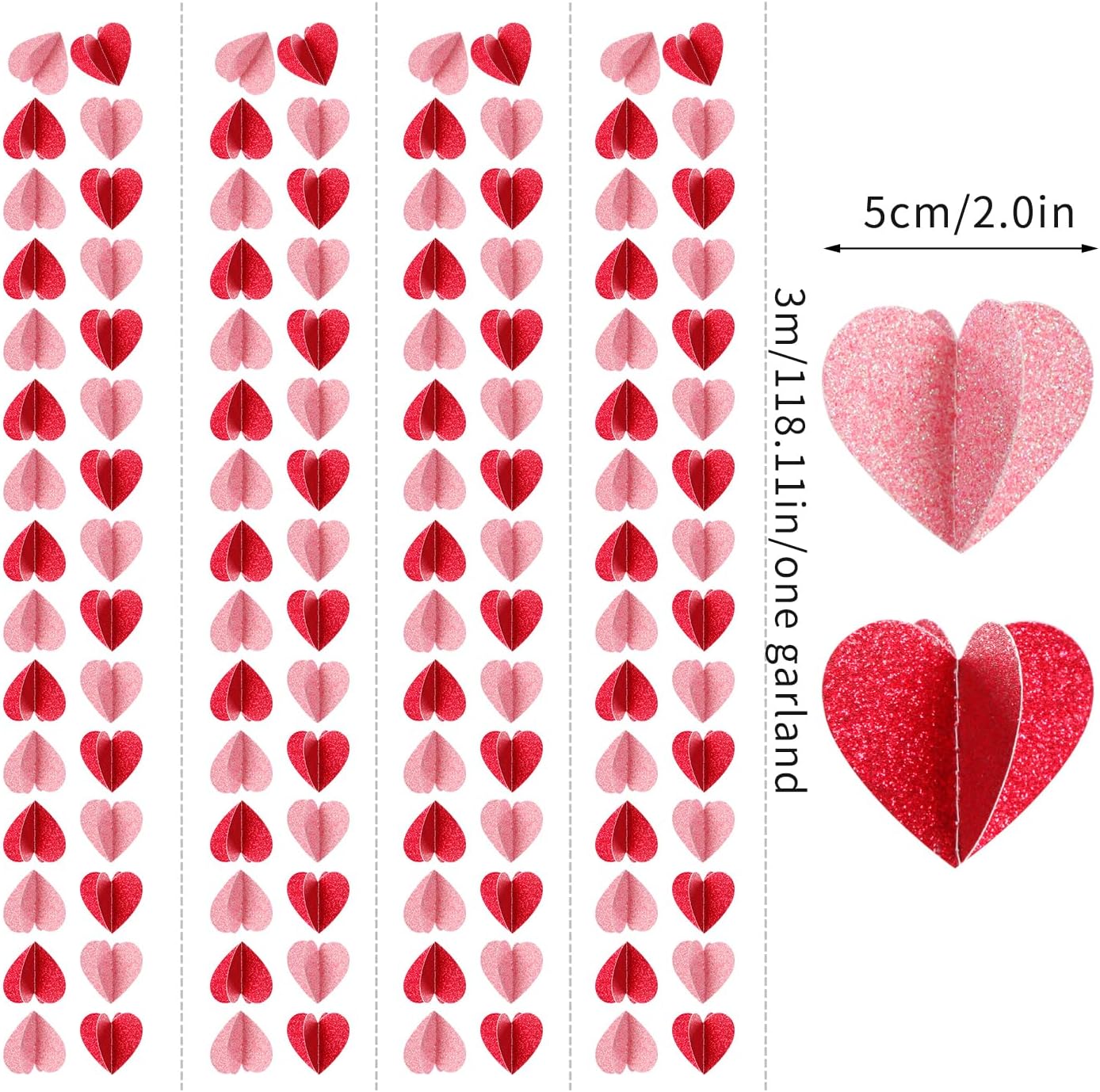 Red Pink Party-Decorations 3D-Heart Garland - 40ft Galentines Streamers Paper Banner, Proposal Anniversary Romantic Birthday Baby Shower Rustic Wedding Hanging Ornaments Decor Hugfond