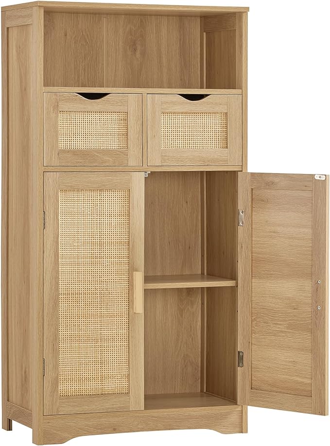 Iwell Storage Cabinet with 2 Drawers & Adjustable Shelves, Rattan Cabinet by IWELL