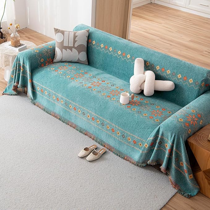 DREAMINGO Teal Boho Couch Cover Jacquard Chenille Sofa Covers Washable 3 Seater - Image 7