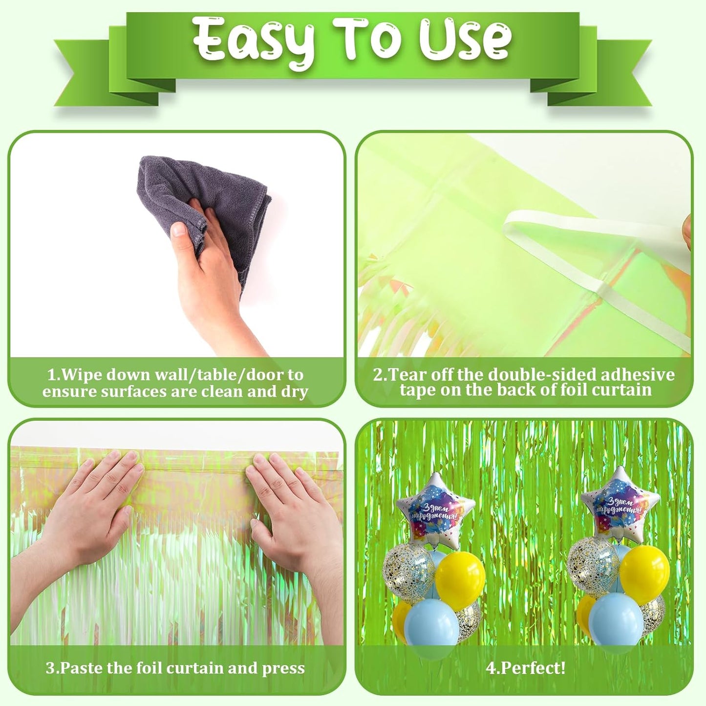 4 Pack 3.3x8.2 Feet Neon Green Foil Fringe Backdrop Curtains, Tinsel Streamers Birthday Party Decorations, Fringe Backdrop for Graduation, Baby Shower, Gender Reveal, Disco Party