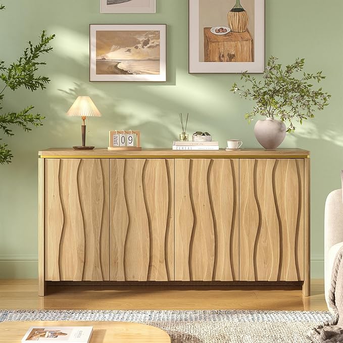 Fluted Cabinet with 3D Ripple Doors, 57.9" W Storage Cabinet with Adjustable by FiveWillowise