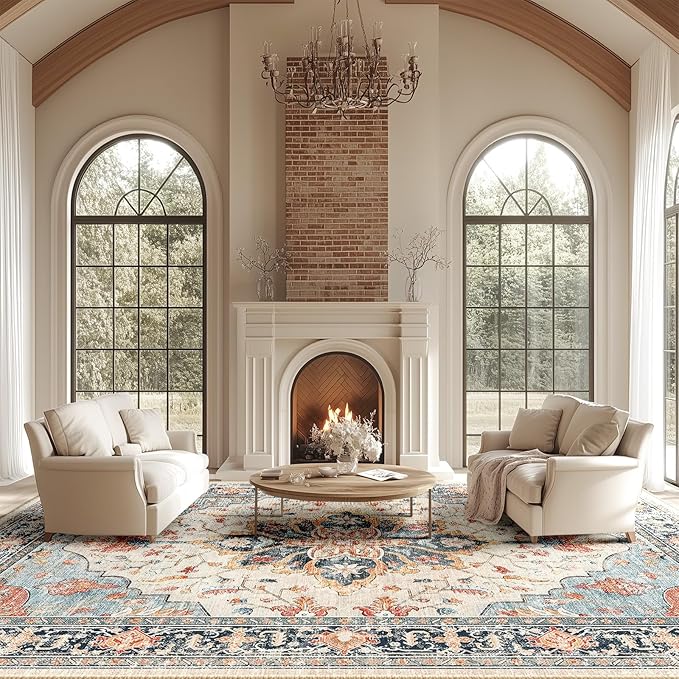 RELEANY Area Rugs 10'x14' Washable Non-Slip, Floral Vintage Distress Print by RELEANY