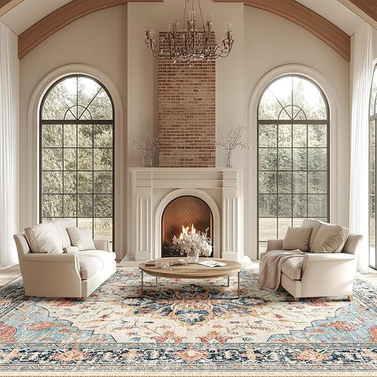 RELEANY Area Rugs 10'x14' Washable Non-Slip, Floral Vintage Distress Print by RELEANY