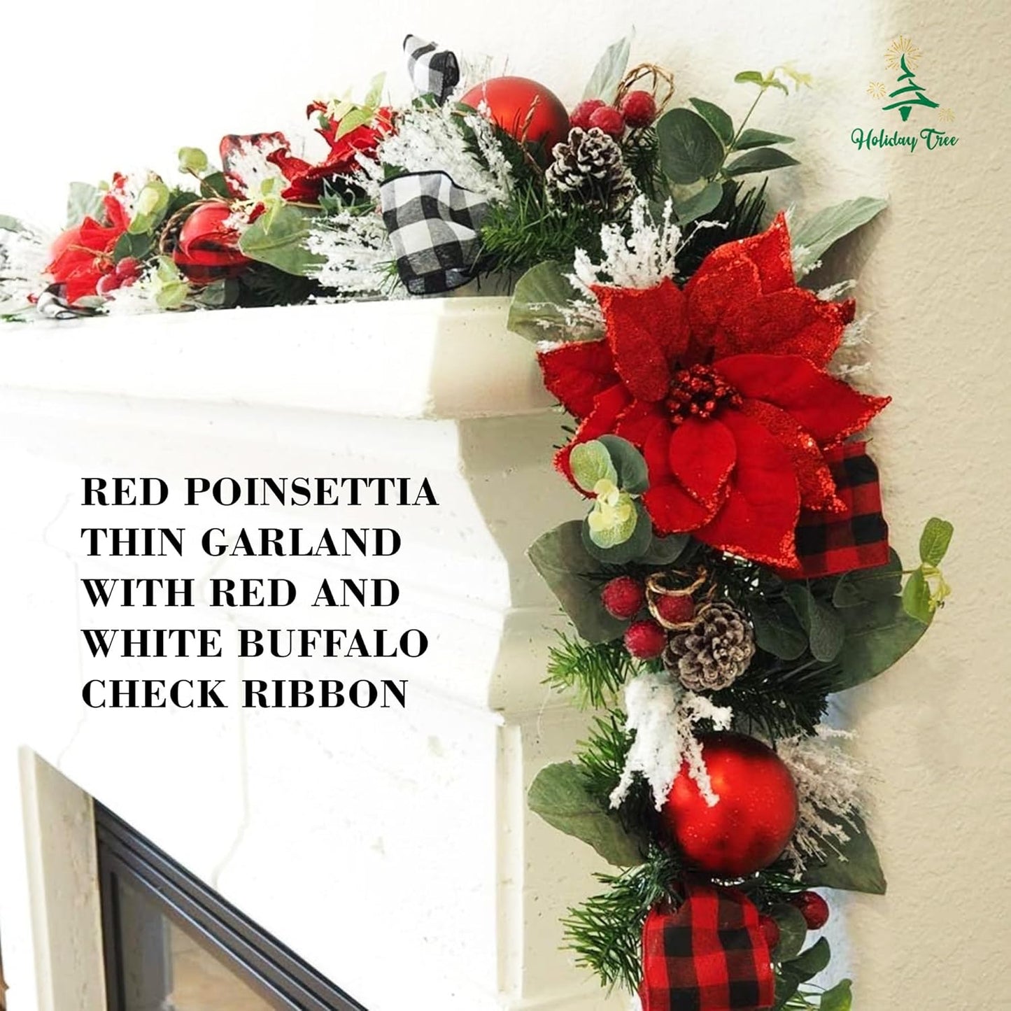 5 ft Christmas Garland for Mantle Unlit Garland for Stairs Railing, Banister, Staircase, Fireplace, for Table No Light, Garland Decor Frosted Red Poinsettia Holiday Tree (Glittery Red Poinsettia)