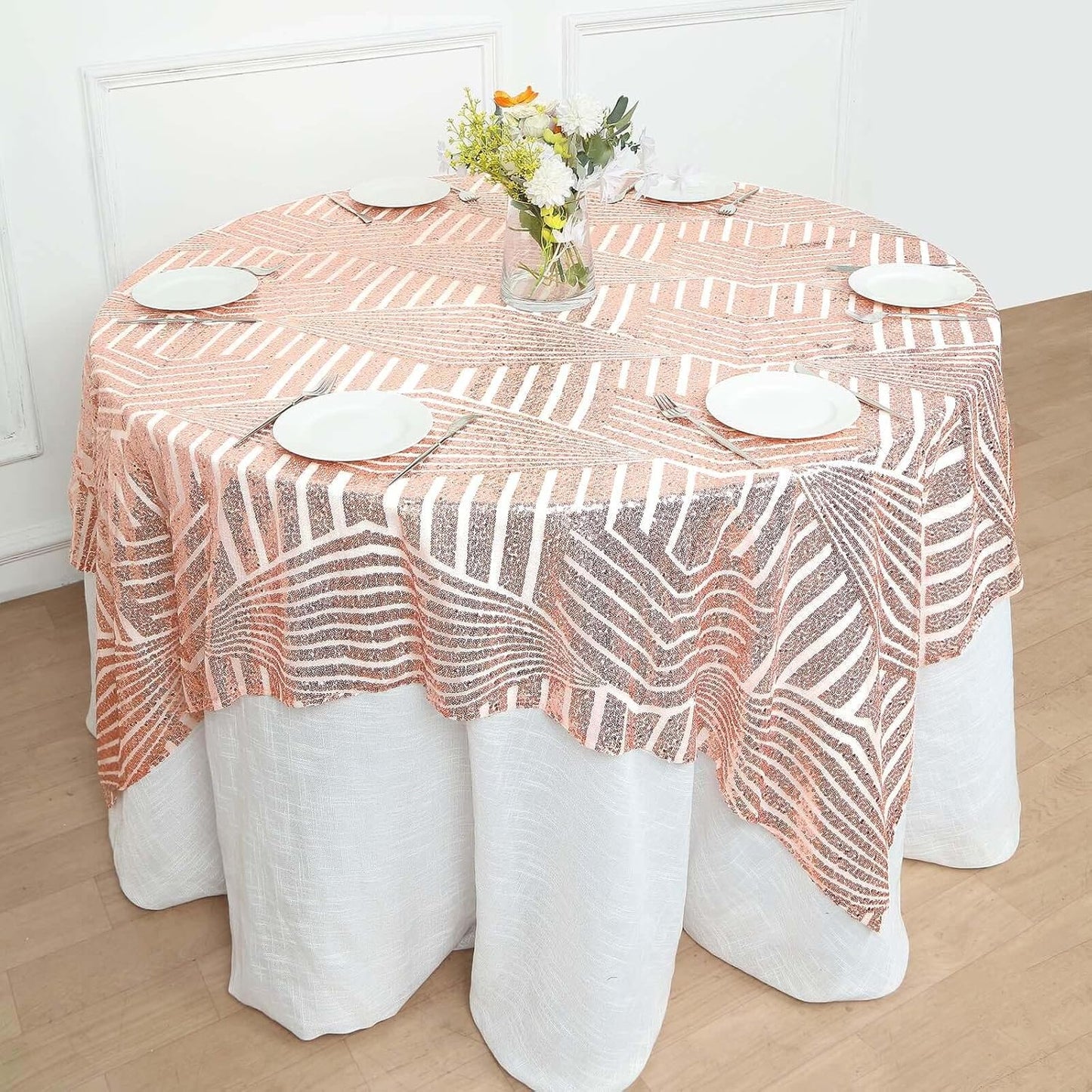 Efavormart 72" Blush Rose Gold Sparkly Sequin Geometric Tulle Square Table Overlay
