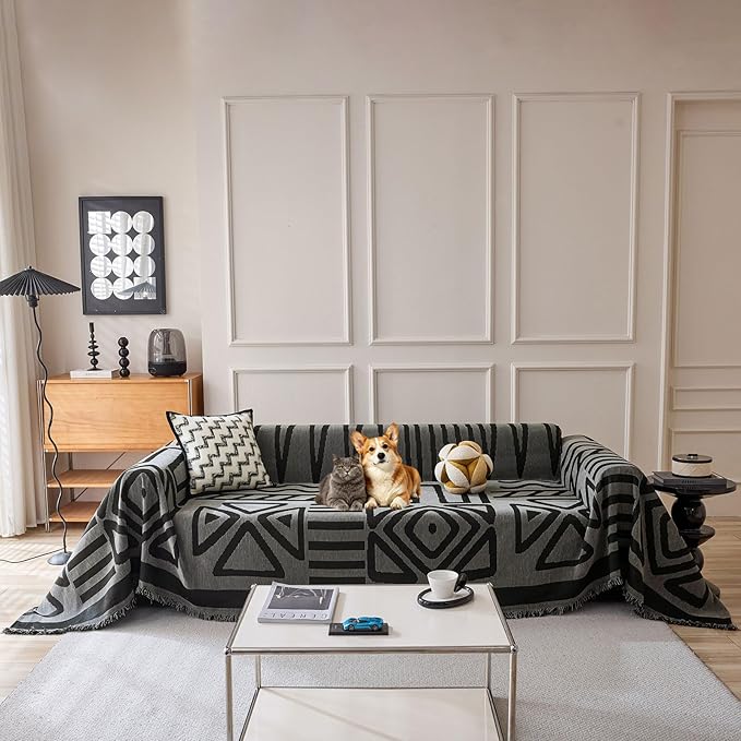 VClife Boho Couch Covers, Modern Checkered Jacquard Couch Covers by VCLIFE