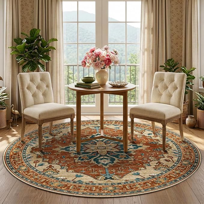 RELEANY Area Rugs Round 5ft Washable Non-Slip, Floral Vintage Distress Print - Image 2