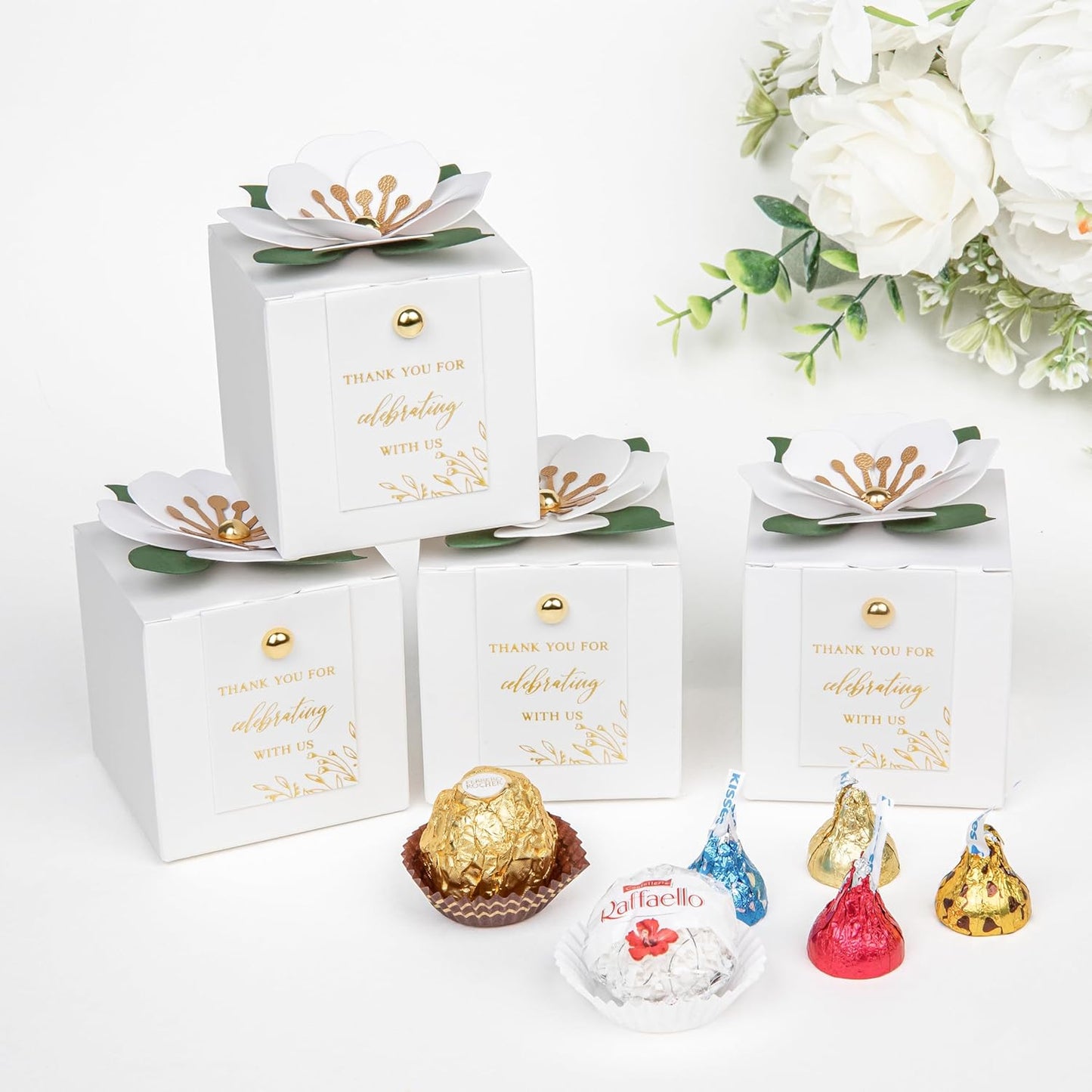 FEIYI 20 PCS Favor Boxes, 3 In 1 White Candy Boxes with Floral Decor, White Thank You Tags Gold Foil Print Gift wrapping for Wedding, Baby Shower, Birthday, Decorations Party - 2.55x2.55x2.55
