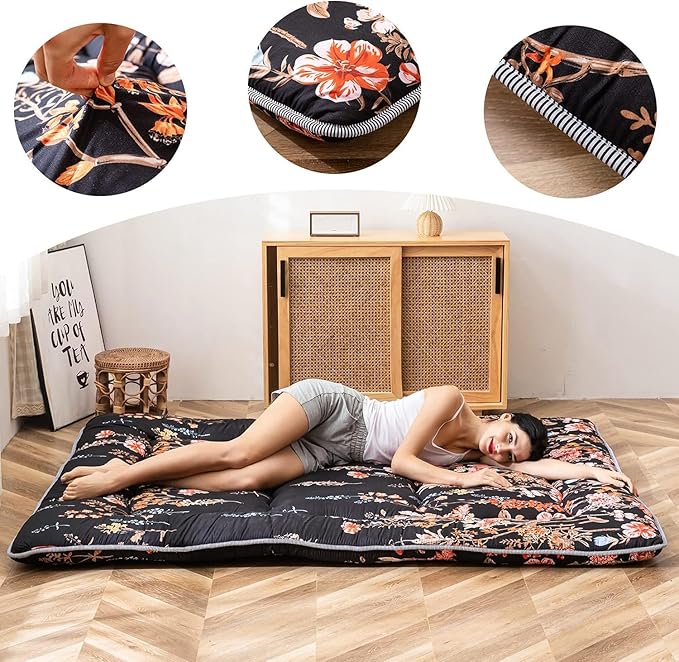 MAXYOYO Black Floral Japanese Futon Floor Mattress, Mattress Topper Portable - Image 3