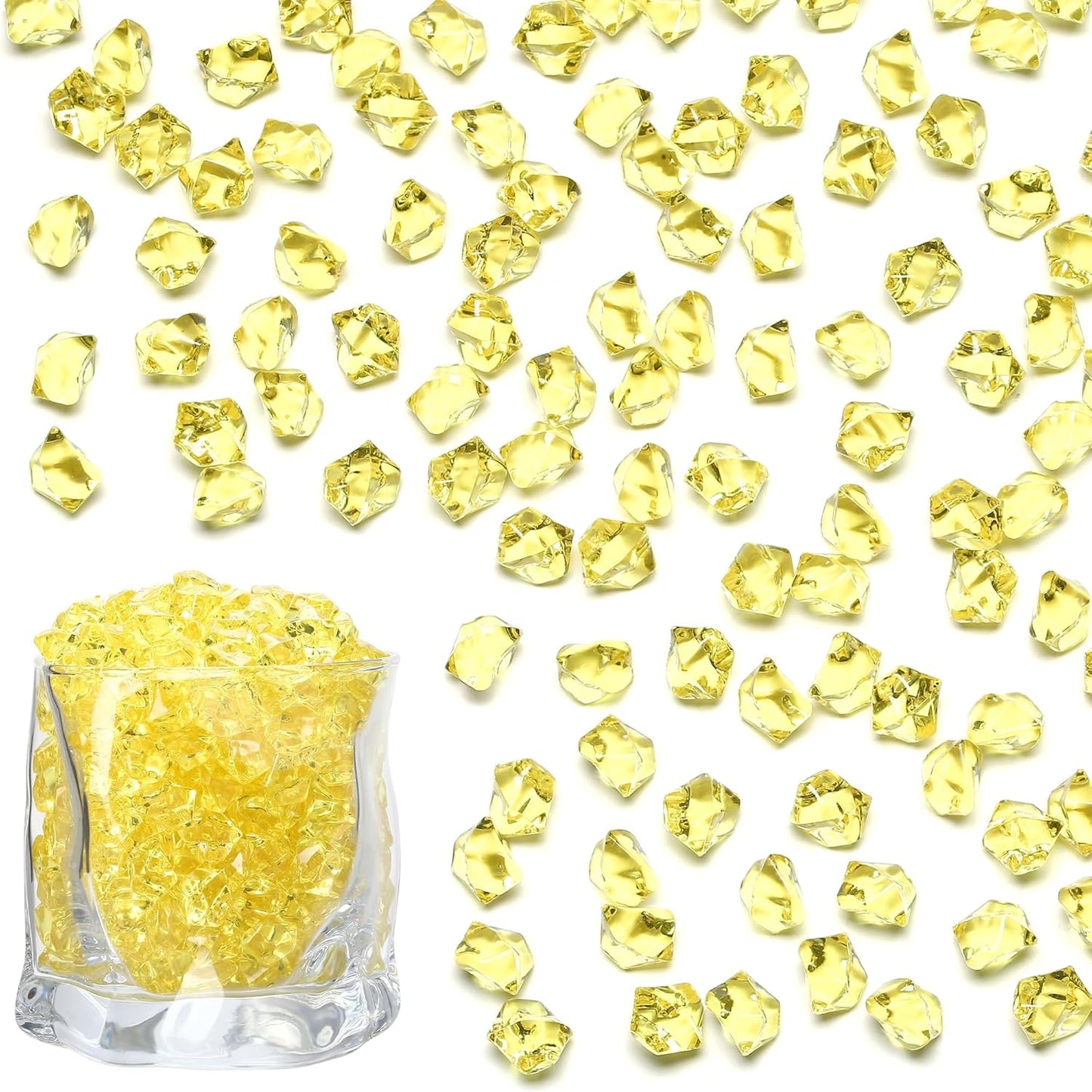 LAIDANLA 500PCS Yellow Acrylic Gems Vase Fillers Yellow Fake Ice Cubes Plastic Diamonds Fake Crushed Rocks for Centerpiece DIY Party Table Scatter Prop Wedding Decoration Accessories