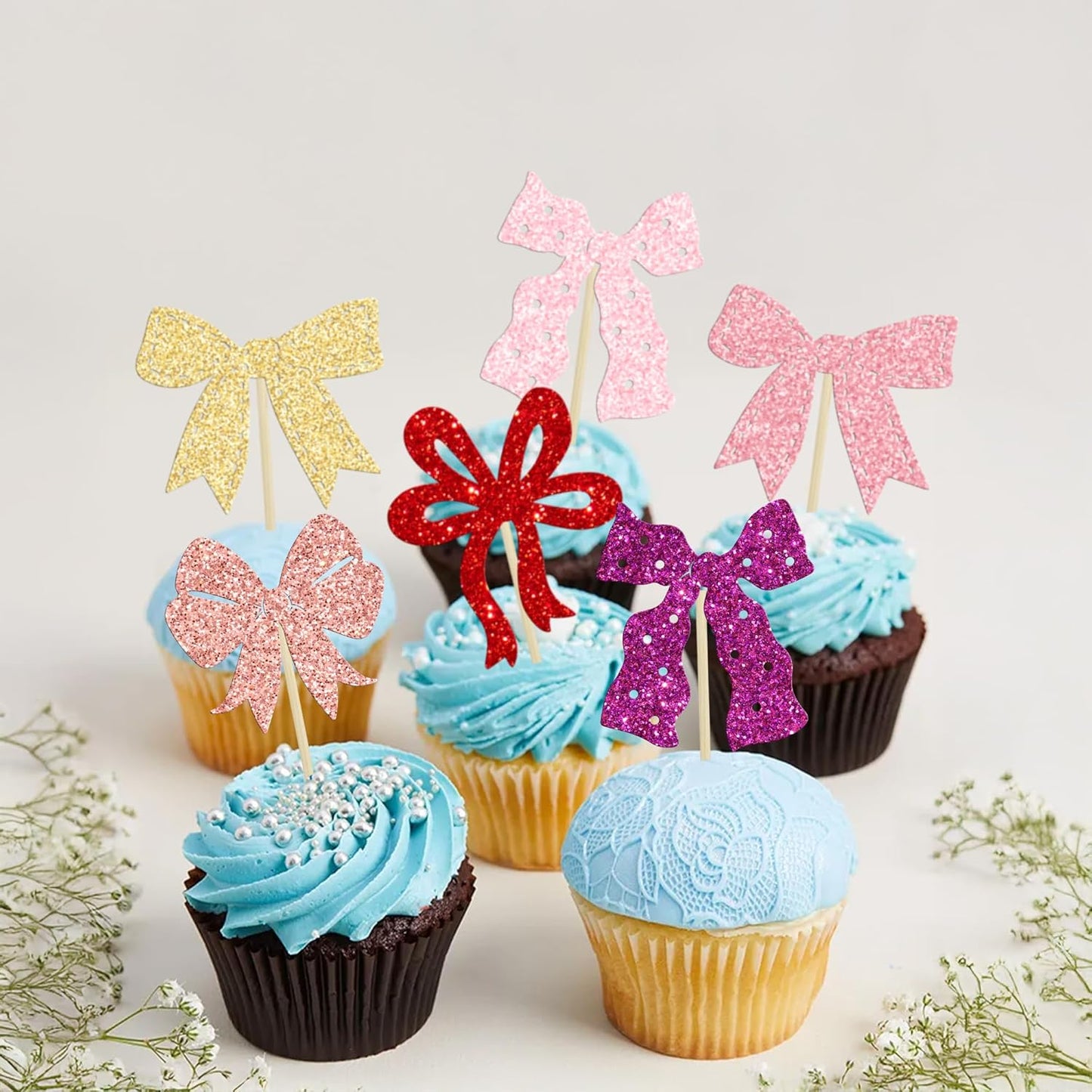 Ephlyn 24Pcs Bow Cupcake Toppers Bow Birthday Cake Topper Girls Birthday Party Decorations Bowknot Cupcake Decorations for Bridal Baby Shower Birthday Wedding Themed Party Pink Gold Purple Rose Red